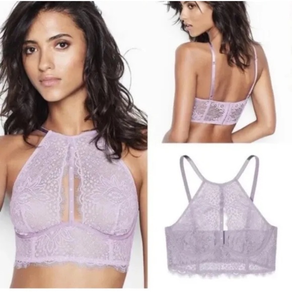 Victorias Secret Very Sexy Plunge Lace Halter High Neck Long Line Bra Lilac 32DD - Picture 2 of 9